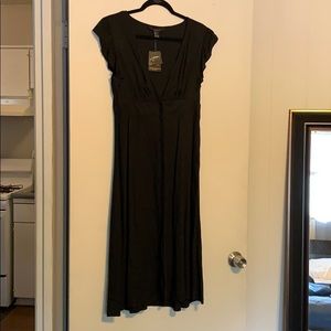 Black deep V button down midi dress